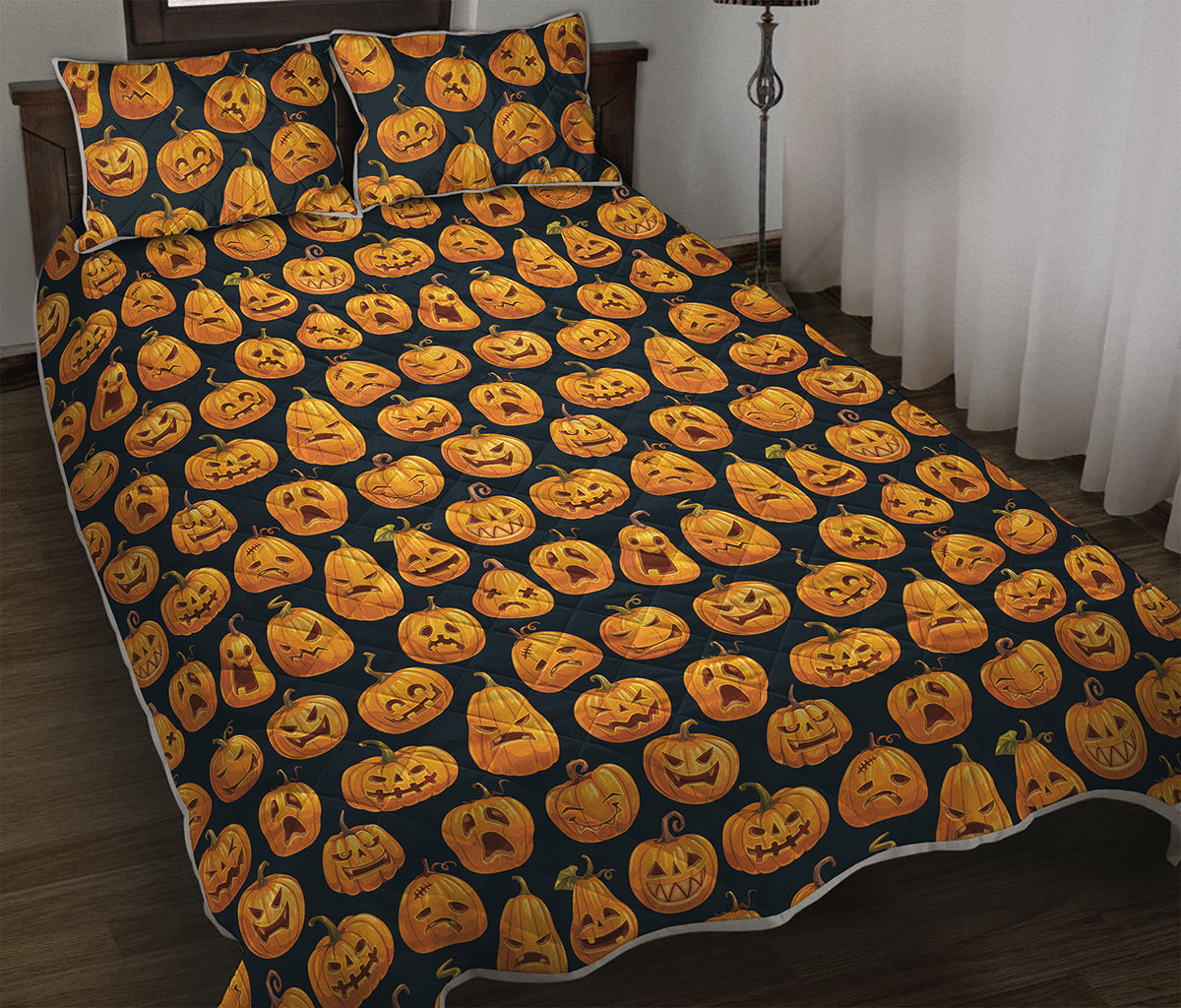 Halloween Pumpkin Jack-O'-Lantern Print Quilt Bed Set