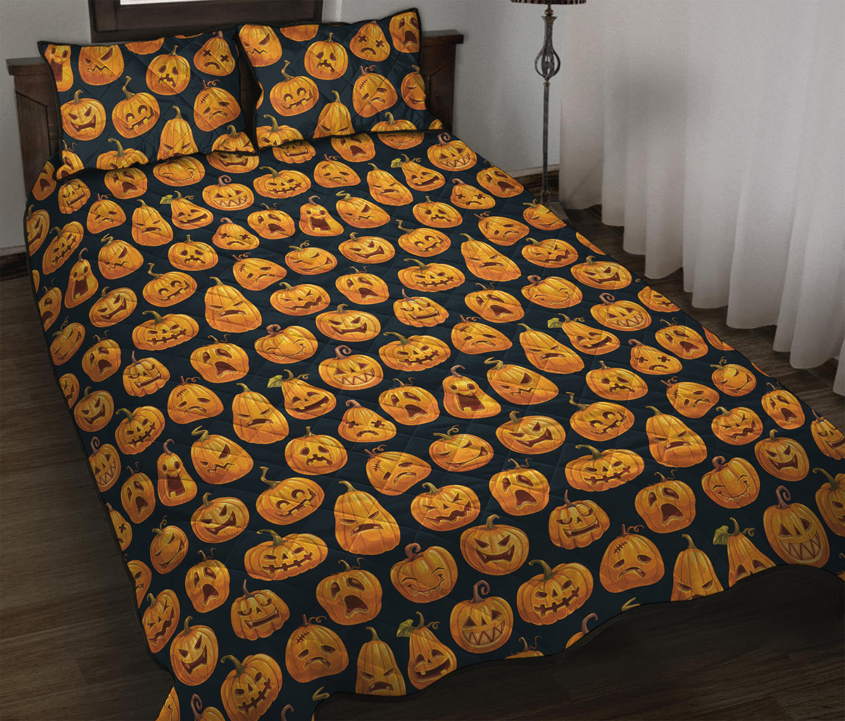 Halloween Pumpkin Jack-O'-Lantern Print Quilt Bed Set