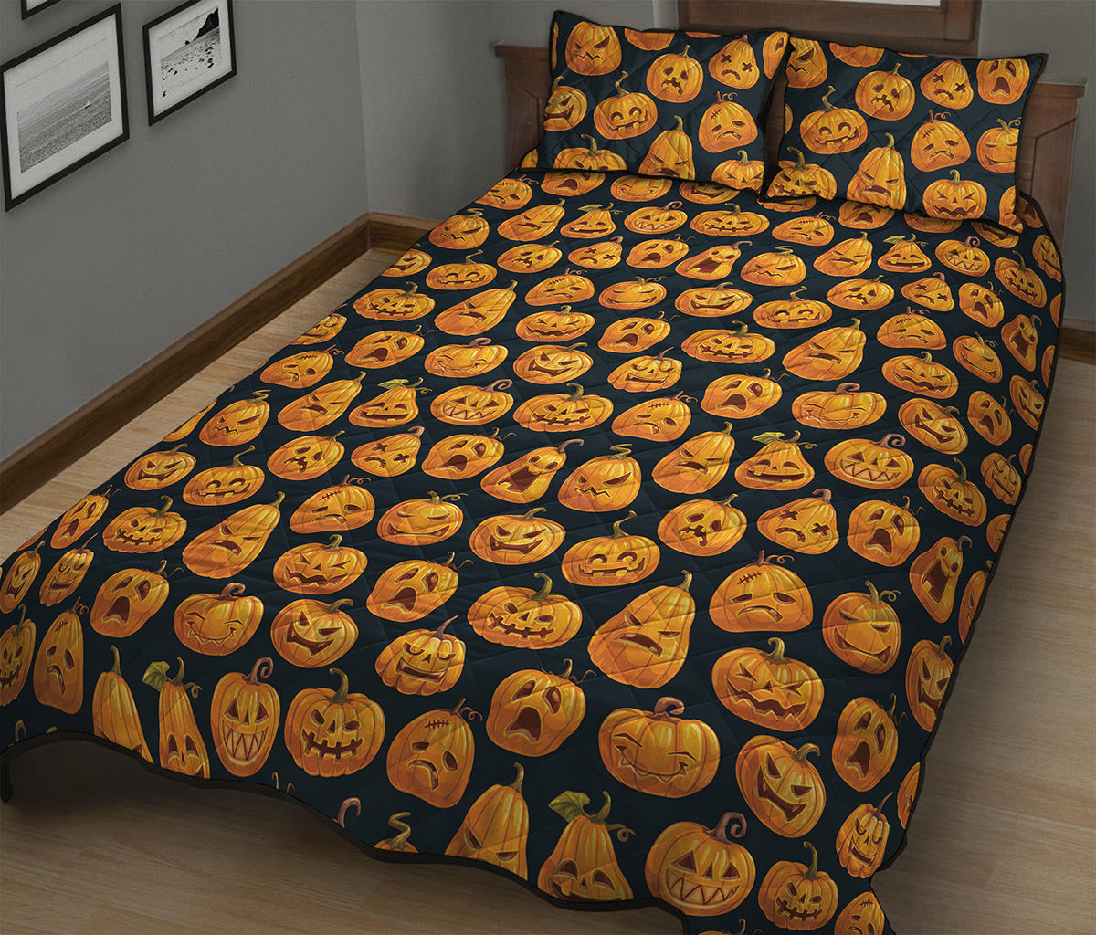 Halloween Pumpkin Jack-O'-Lantern Print Quilt Bed Set