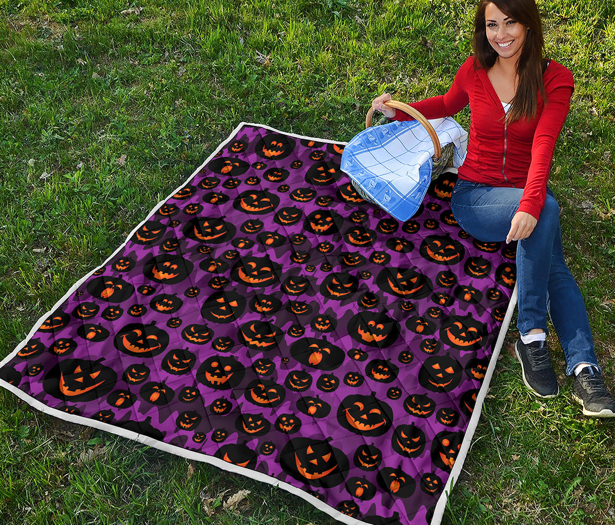 Halloween Pumpkin Smiley Faces Print Quilt