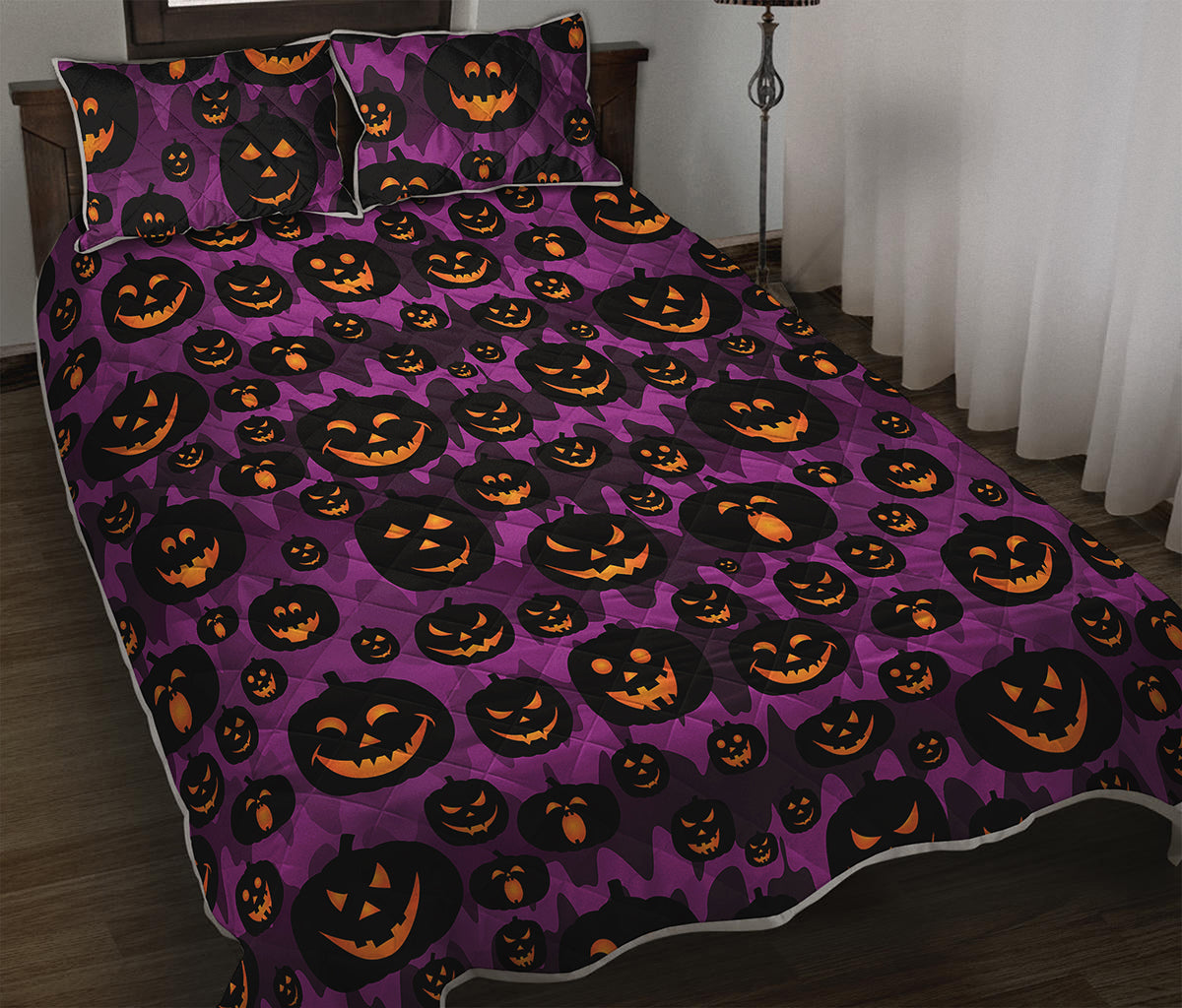 Halloween Pumpkin Smiley Faces Print Quilt Bed Set