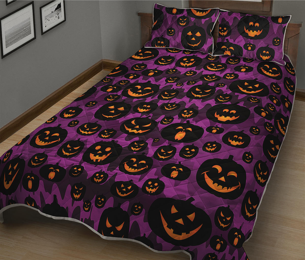 Halloween Pumpkin Smiley Faces Print Quilt Bed Set