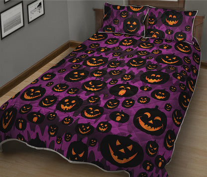 Halloween Pumpkin Smiley Faces Print Quilt Bed Set