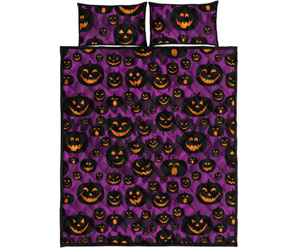 Halloween Pumpkin Smiley Faces Print Quilt Bed Set