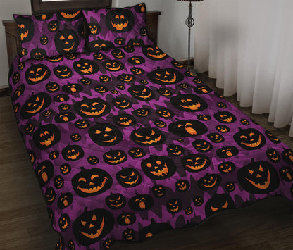 Halloween Pumpkin Smiley Faces Print Quilt Bed Set