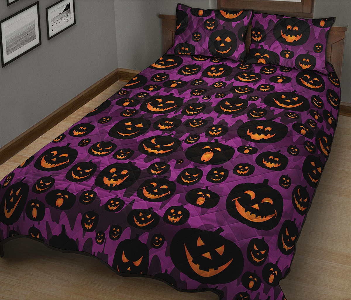 Halloween Pumpkin Smiley Faces Print Quilt Bed Set
