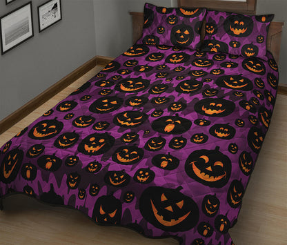 Halloween Pumpkin Smiley Faces Print Quilt Bed Set
