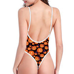 Halloween Pumpkin Witch Pattern Print One Piece High Cut Swimsuit