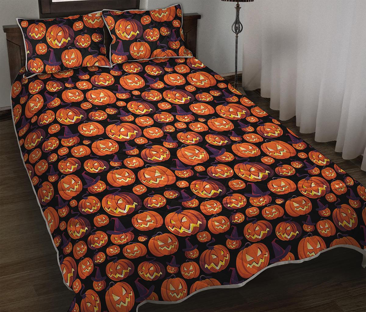 Halloween Pumpkin Witch Pattern Print Quilt Bed Set