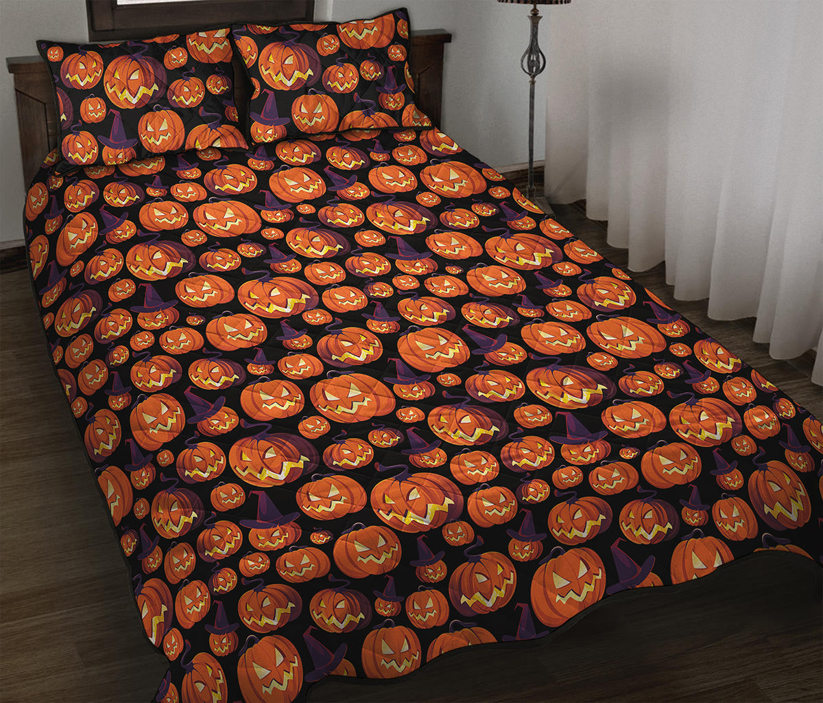 Halloween Pumpkin Witch Pattern Print Quilt Bed Set