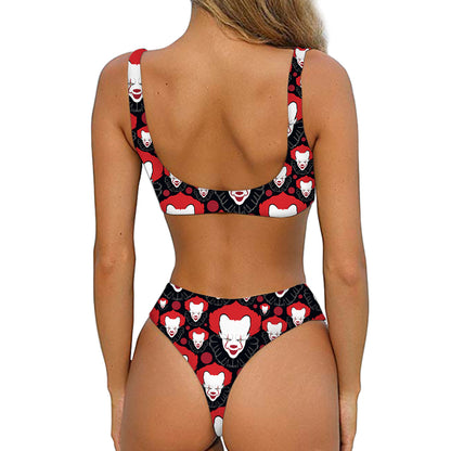 Halloween Scary Clown Pattern Print Front Bow Tie Bikini