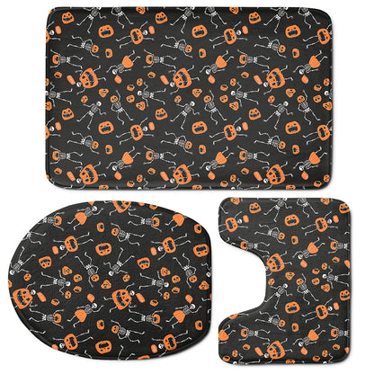 Halloween Skeleton And Pumpkin Print 3 Piece Bath Mat Set