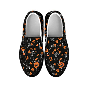 Halloween Skeleton And Pumpkin Print Black Slip On Shoes