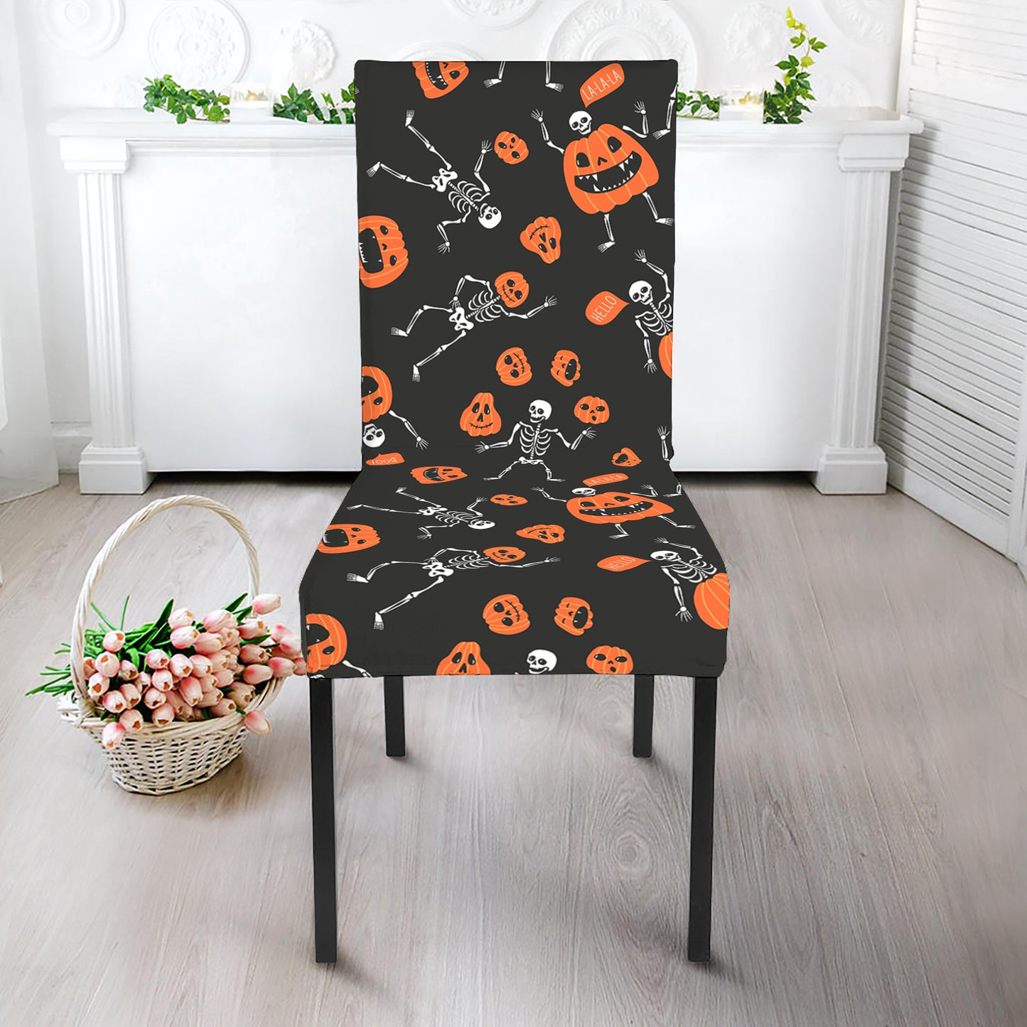 Halloween Skeleton And Pumpkin Print Dining Chair Slipcover