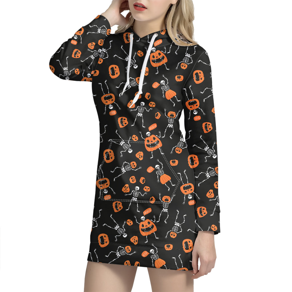 Halloween Skeleton And Pumpkin Print Hoodie Dress