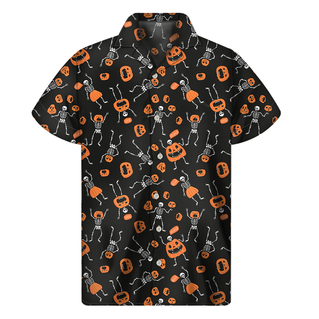 Halloween Skeleton And Pumpkin Print Men's Short Sleeve Shirt