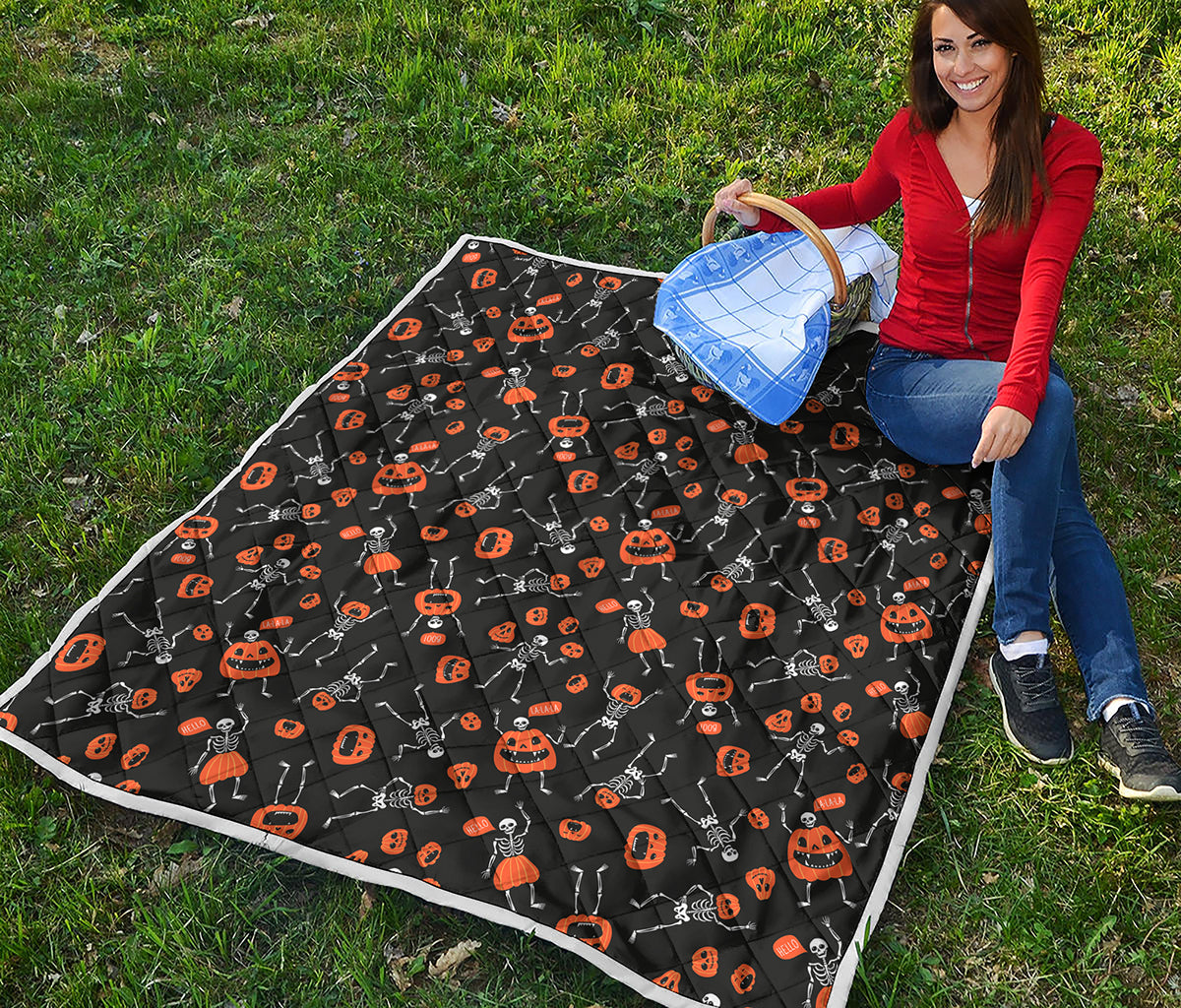 Halloween Skeleton And Pumpkin Print Quilt