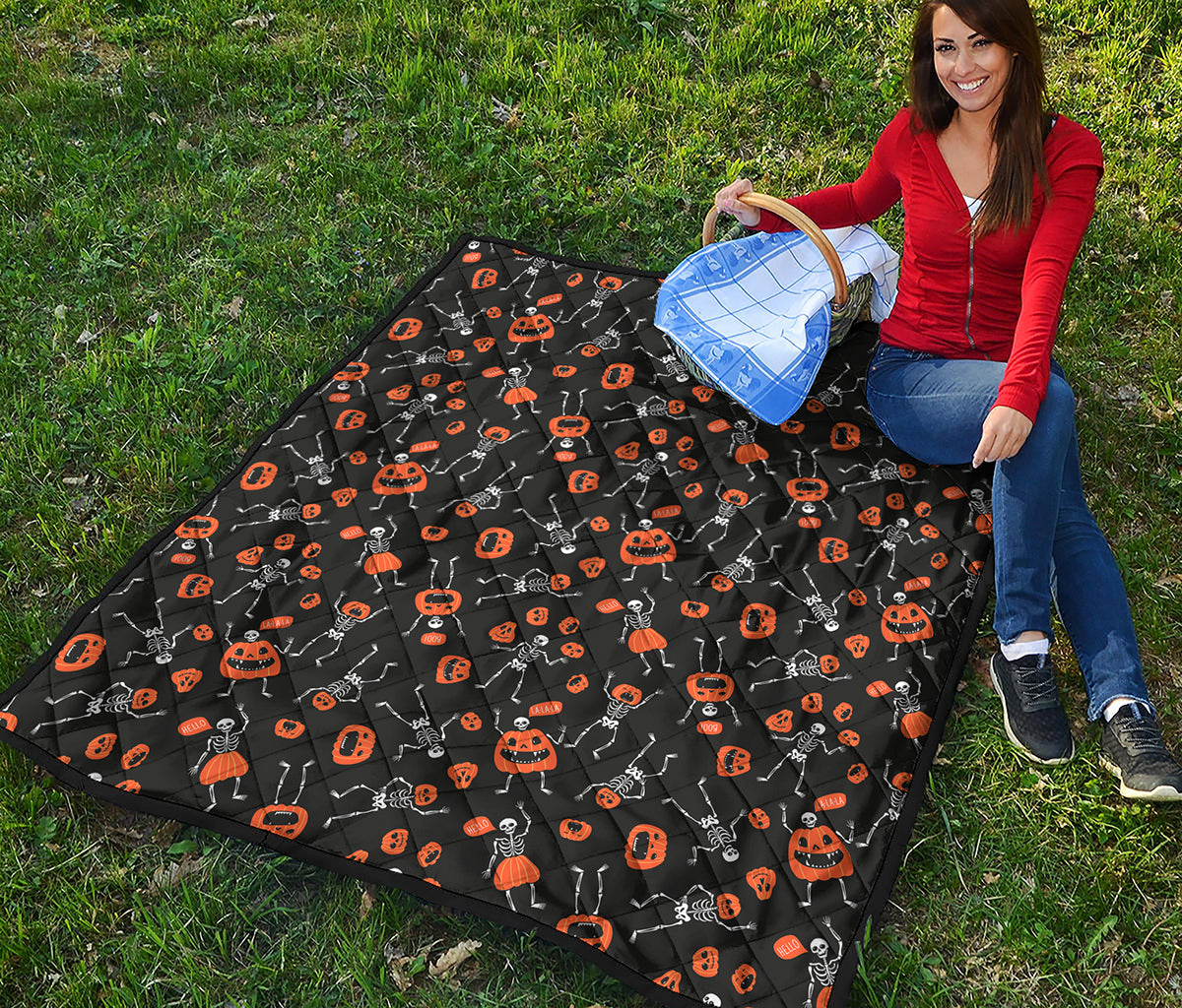 Halloween Skeleton And Pumpkin Print Quilt
