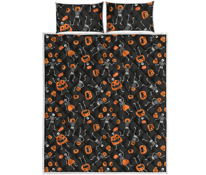 Halloween Skeleton And Pumpkin Print Quilt Bed Set