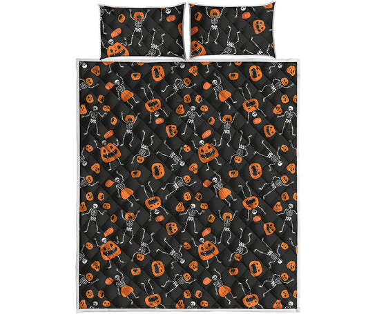 Halloween Skeleton And Pumpkin Print Quilt Bed Set