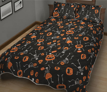 Halloween Skeleton And Pumpkin Print Quilt Bed Set
