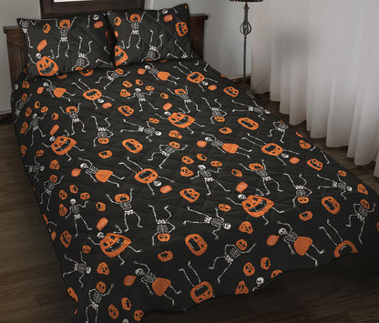 Halloween Skeleton And Pumpkin Print Quilt Bed Set