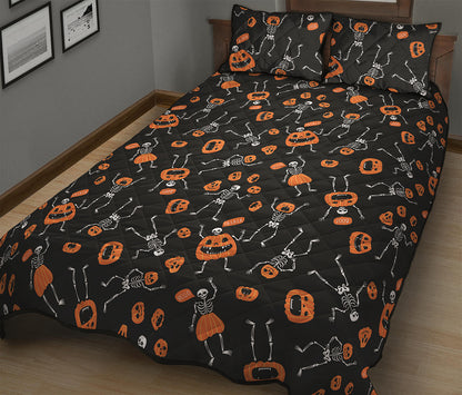Halloween Skeleton And Pumpkin Print Quilt Bed Set