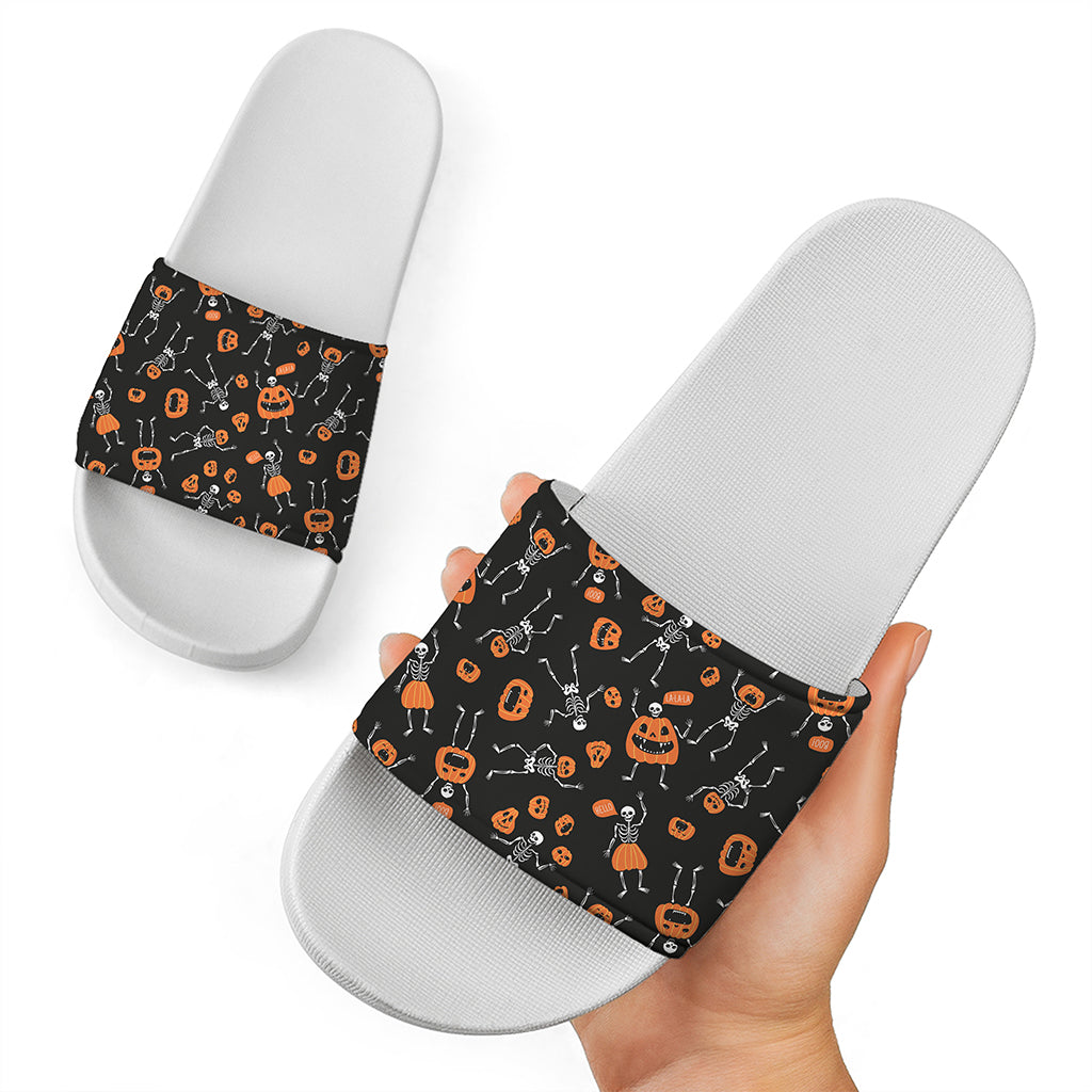 Halloween Skeleton And Pumpkin Print White Slide Sandals