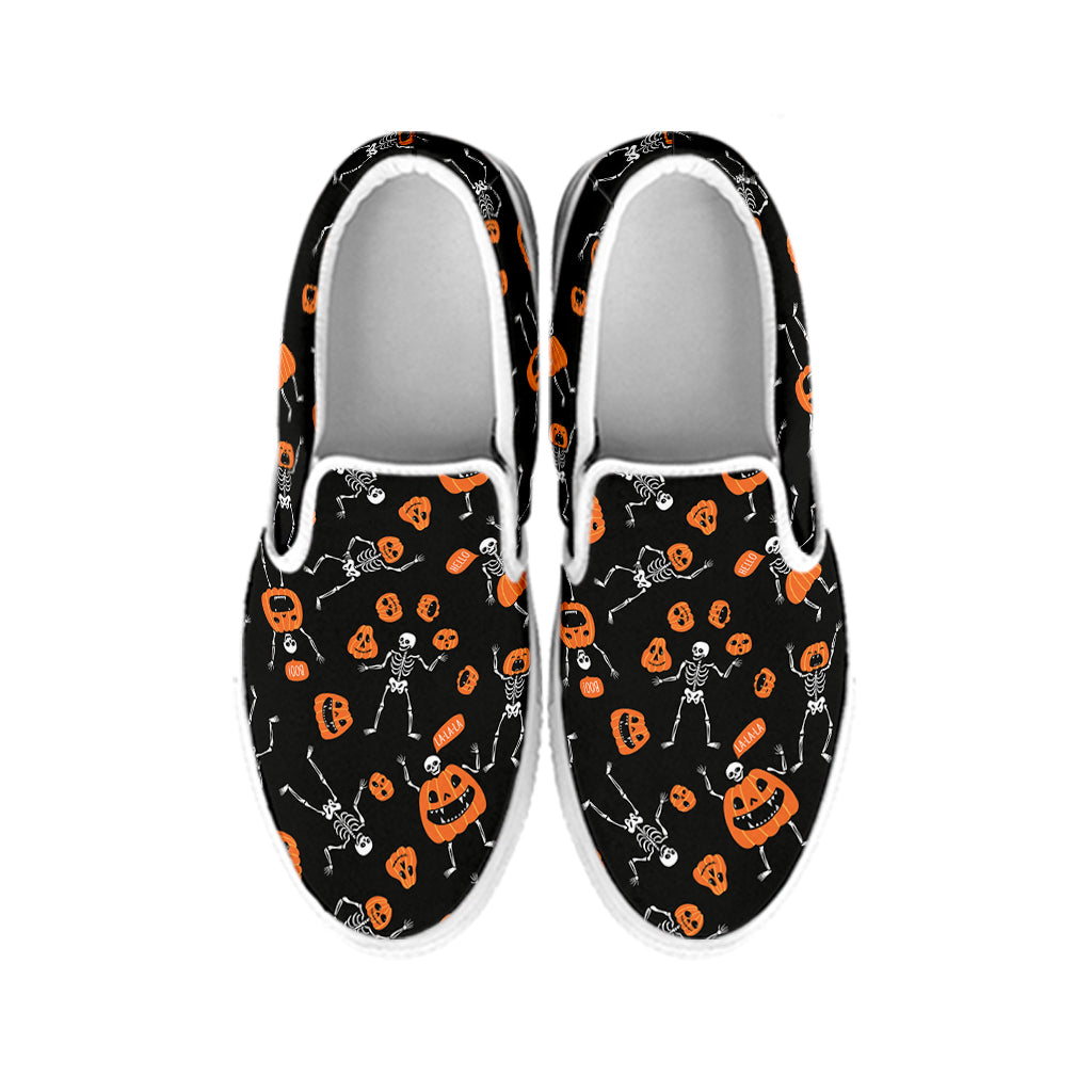 Halloween Skeleton And Pumpkin Print White Slip On Shoes