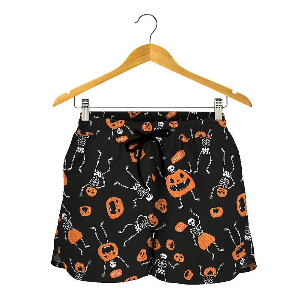 Halloween Skeleton And Pumpkin Print Women's Shorts