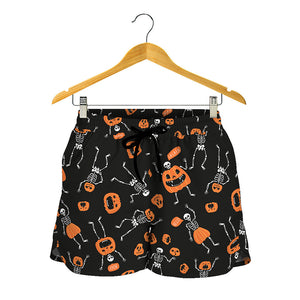 Halloween Skeleton And Pumpkin Print Women's Shorts