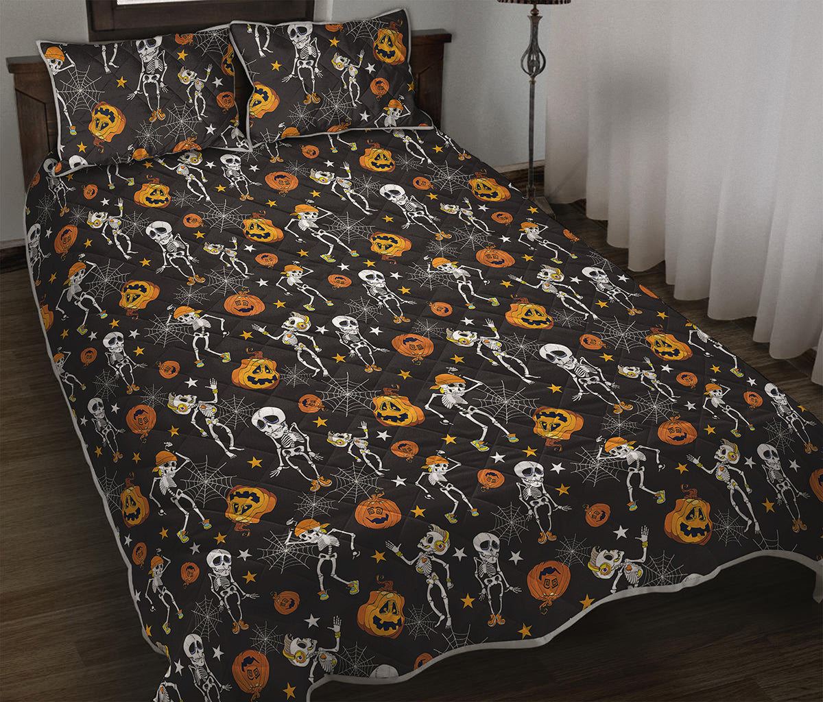 Halloween Skeleton Party Pattern Print Quilt Bed Set