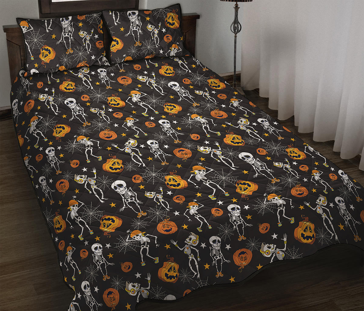 Halloween Skeleton Party Pattern Print Quilt Bed Set