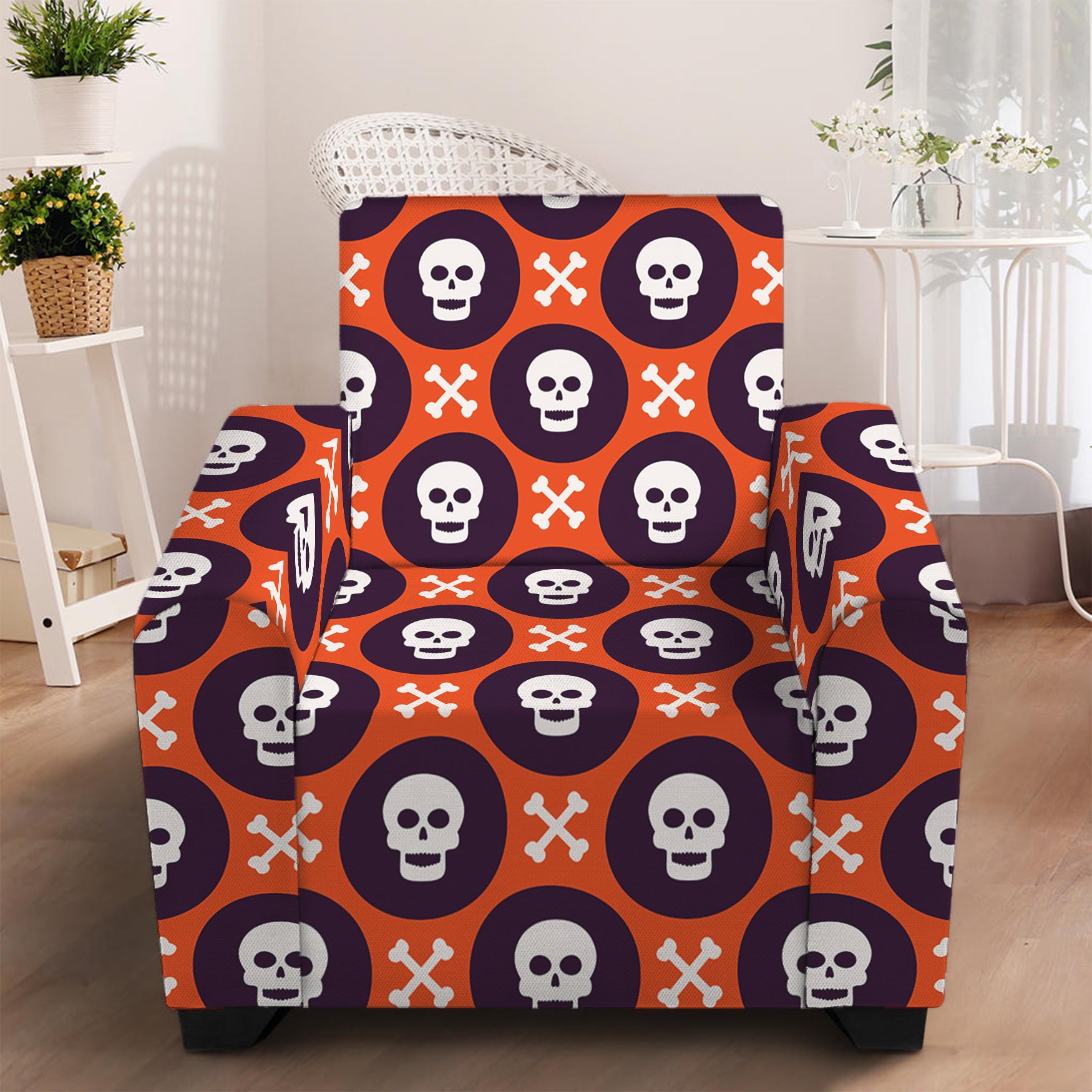 Halloween Skull And Bone Pattern Print Armchair Slipcover