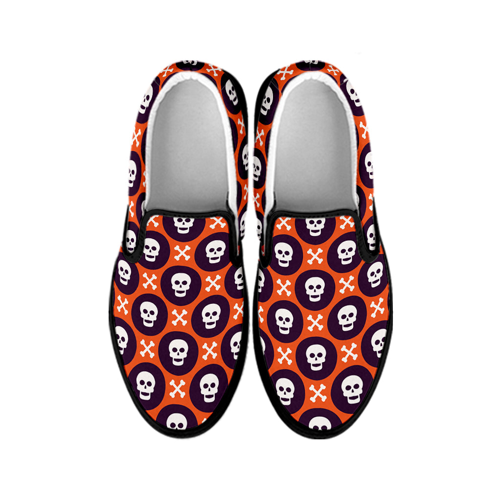 Halloween Skull And Bone Pattern Print Black Slip On Shoes