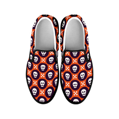 Halloween Skull And Bone Pattern Print Black Slip On Shoes