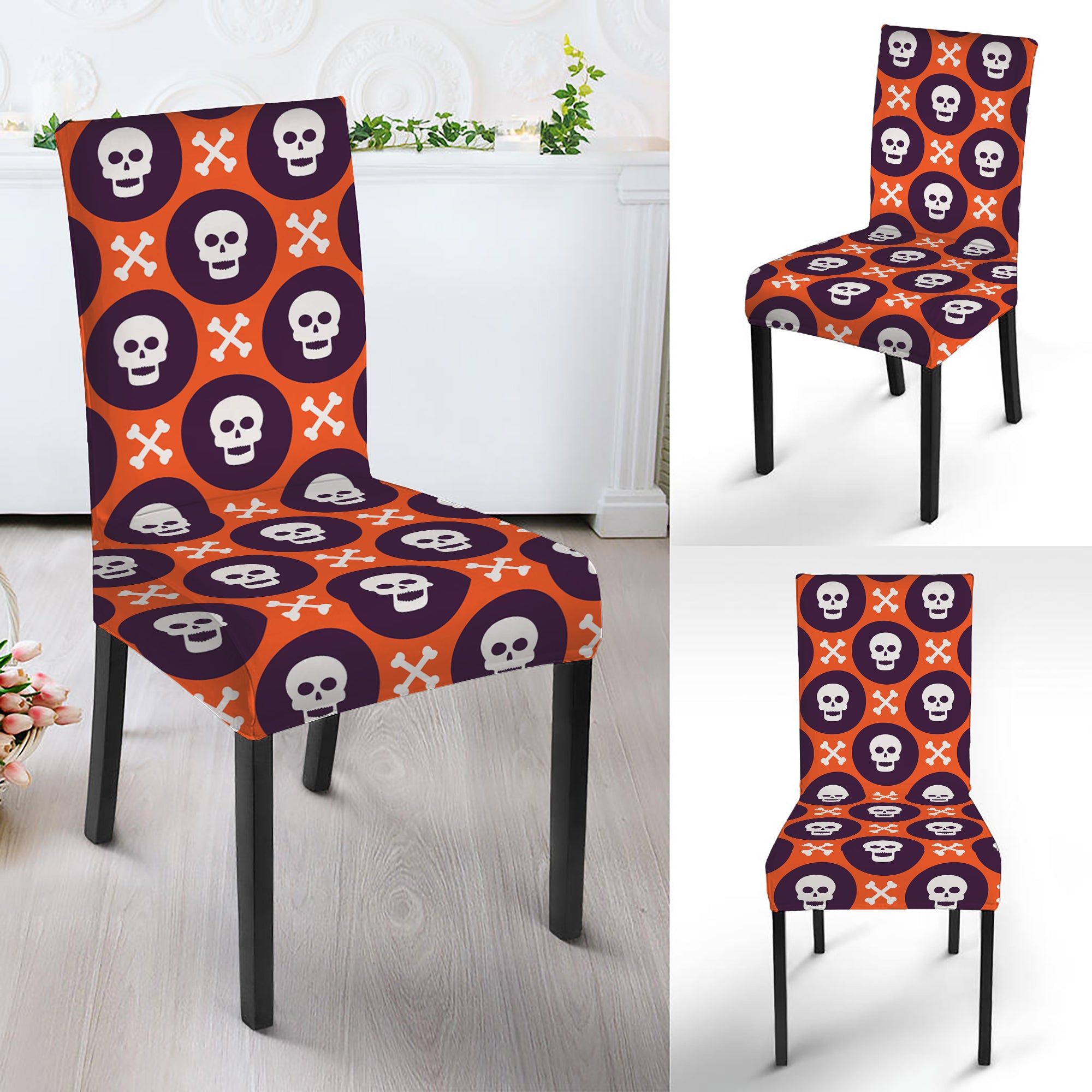 Halloween Skull And Bone Pattern Print Dining Chair Slipcover