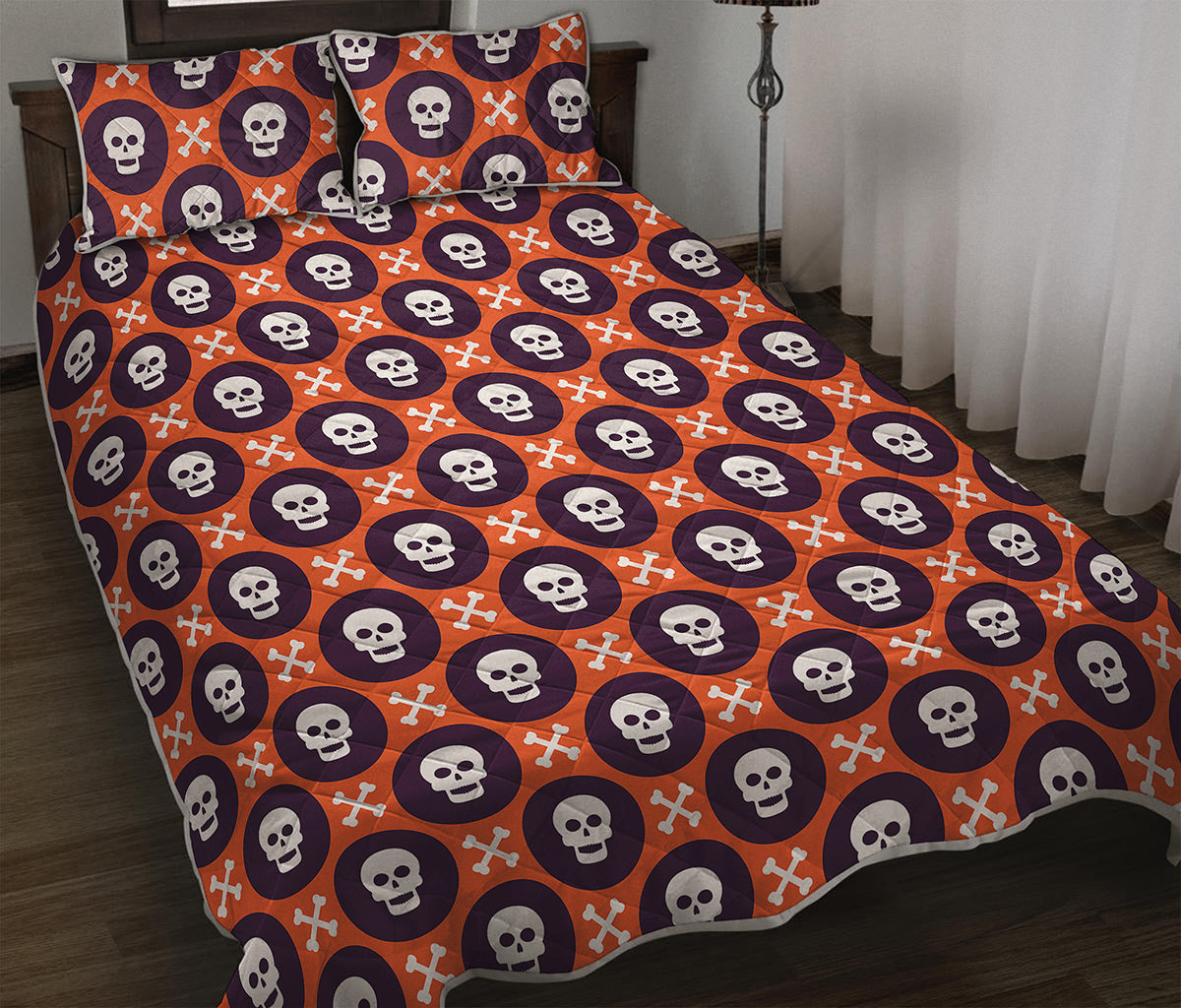 Halloween Skull And Bone Pattern Print Quilt Bed Set
