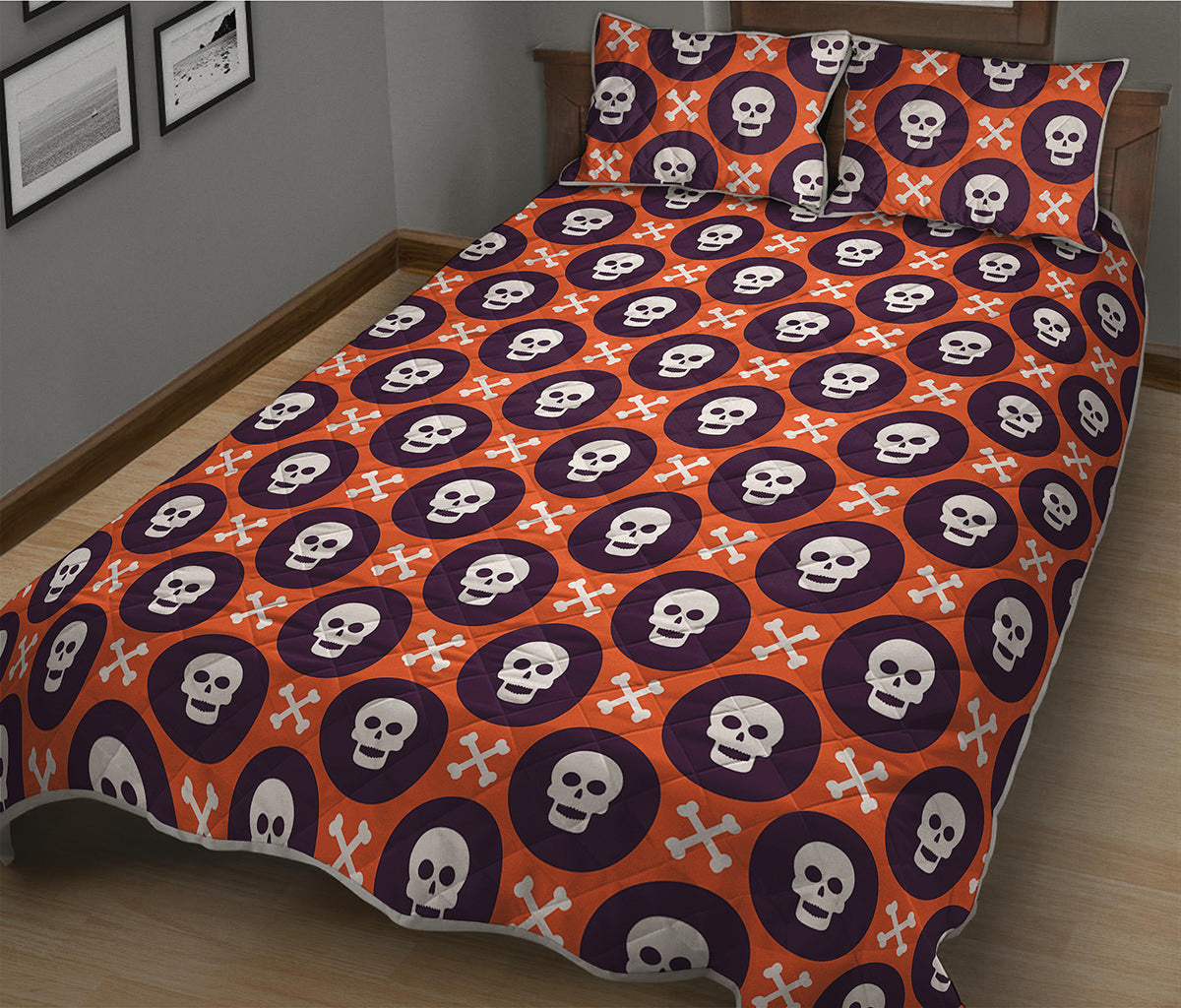 Halloween Skull And Bone Pattern Print Quilt Bed Set
