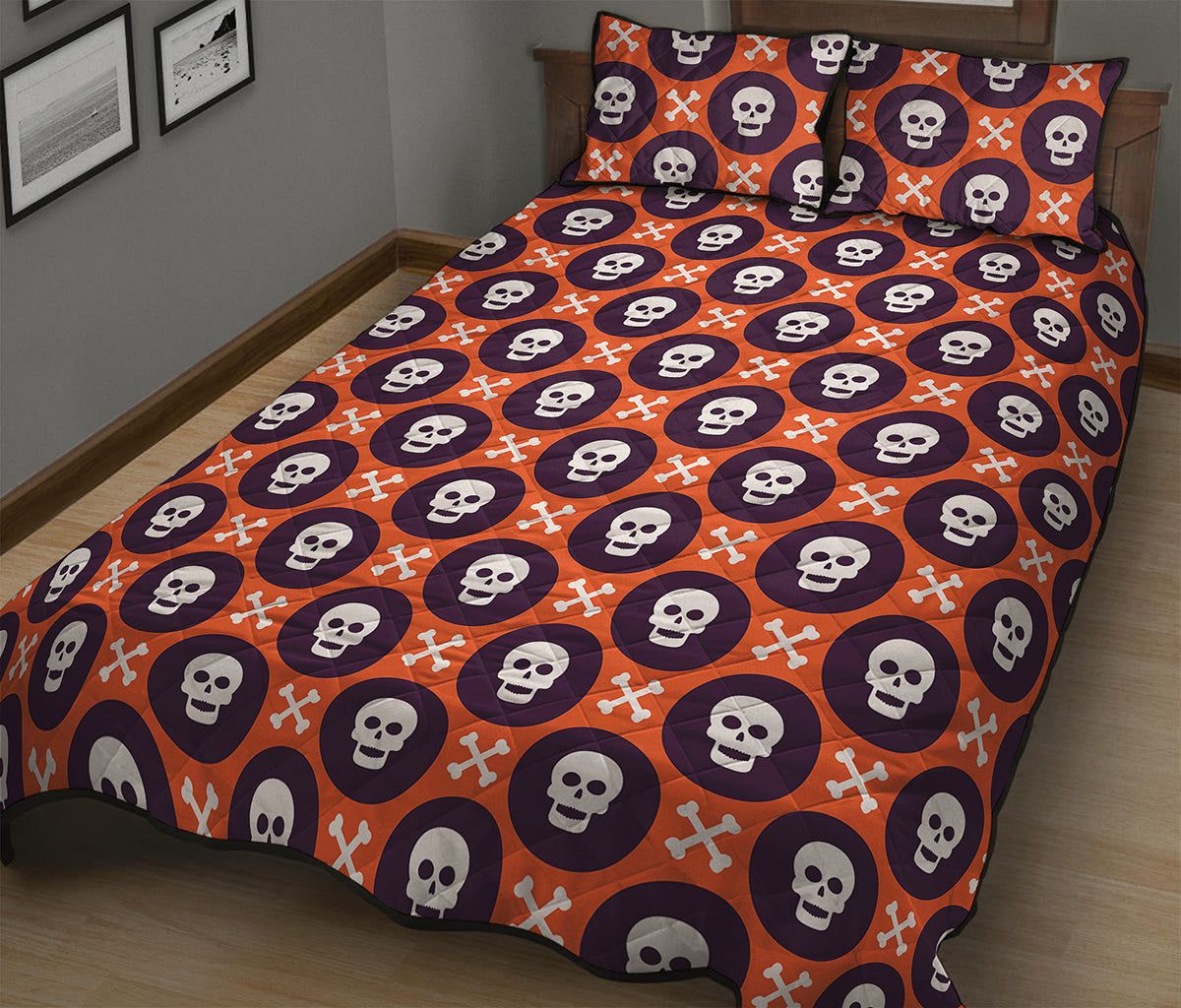 Halloween Skull And Bone Pattern Print Quilt Bed Set