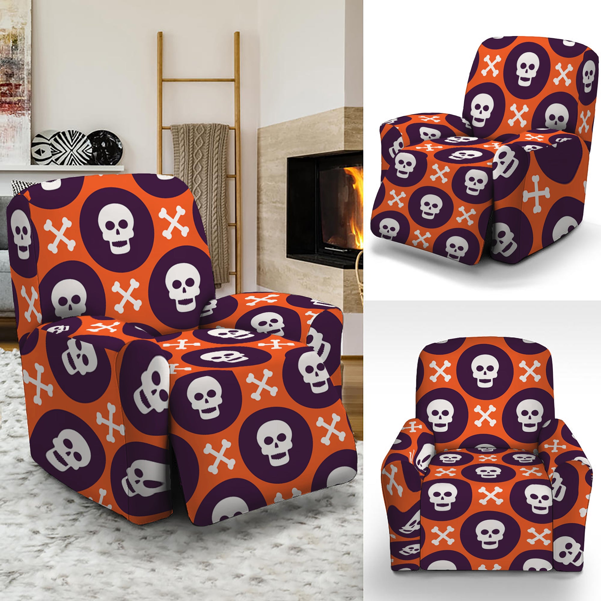 Halloween Skull And Bone Pattern Print Recliner Slipcover