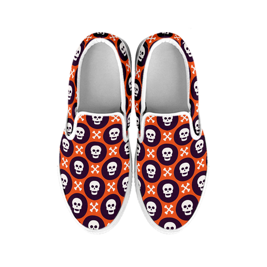 Halloween Skull And Bone Pattern Print White Slip On Shoes