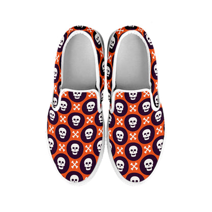 Halloween Skull And Bone Pattern Print White Slip On Shoes