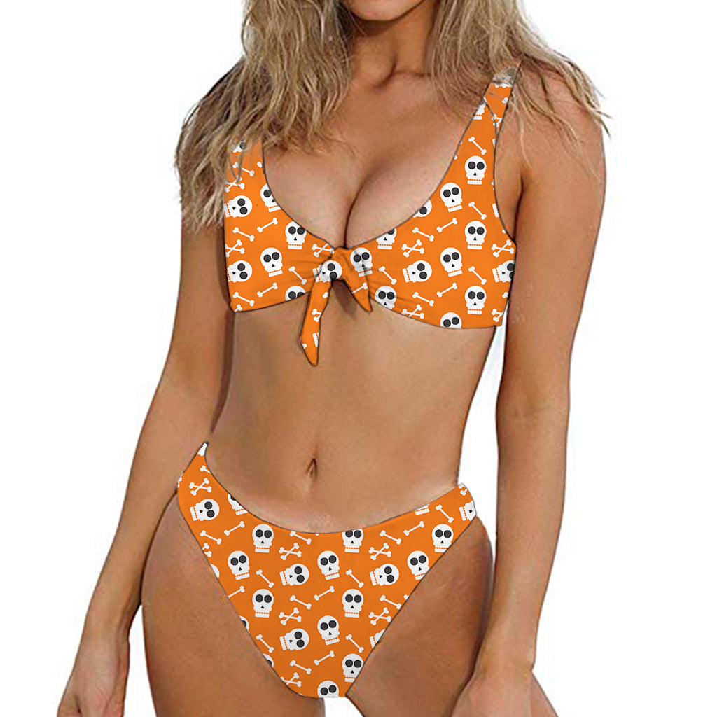 Halloween Skull Pattern Print Front Bow Tie Bikini