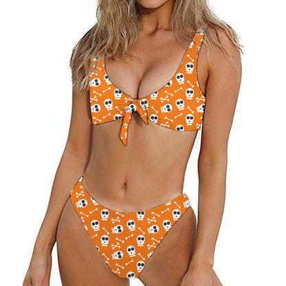 Halloween Skull Pattern Print Front Bow Tie Bikini