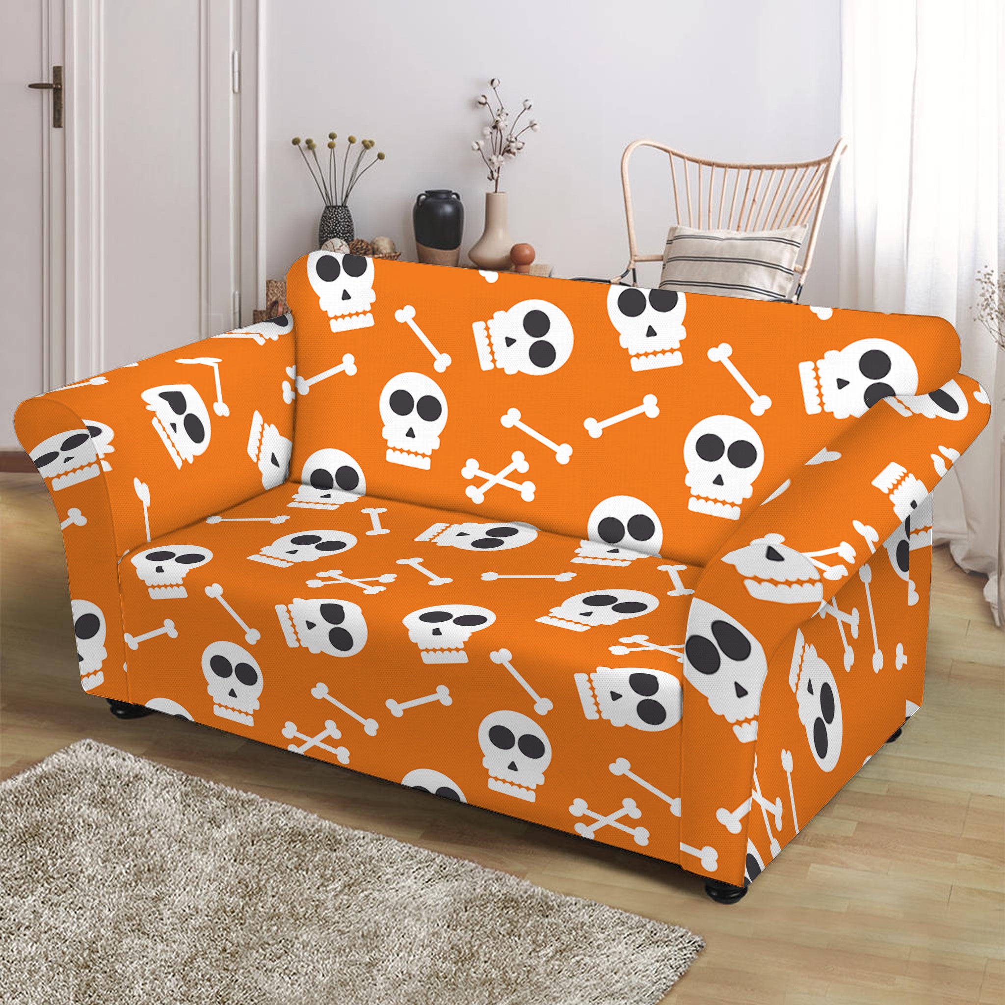 Halloween Skull Pattern Print Loveseat Slipcover