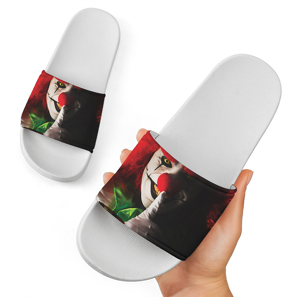 Halloween Smiling Clown Print White Slide Sandals