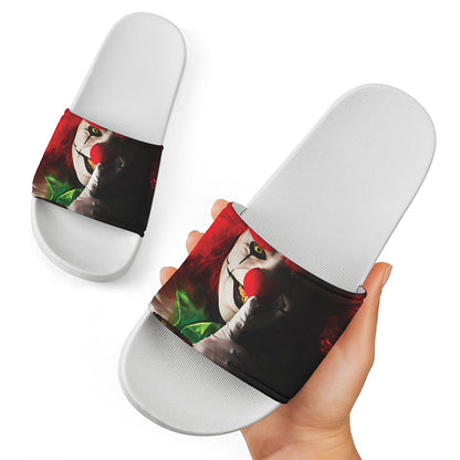 Halloween Smiling Clown Print White Slide Sandals