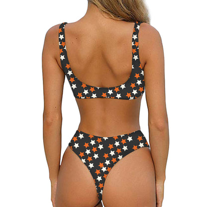 Halloween Star Pattern Print Front Bow Tie Bikini