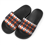 Halloween Themed Argyle Pattern Print Black Slide Sandals